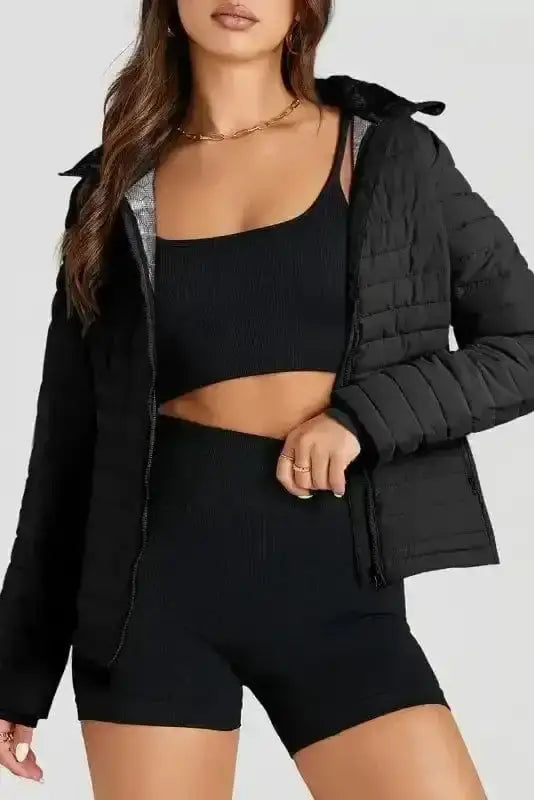 Black quilted sport puffer jacket front view — Fashionfitz UK