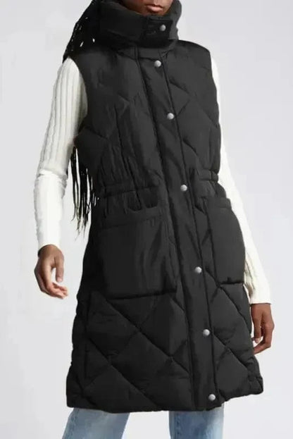 Puffer Vests Black / S / 100%Polyester Longline Quilted Puffer Vest - Stand Collar