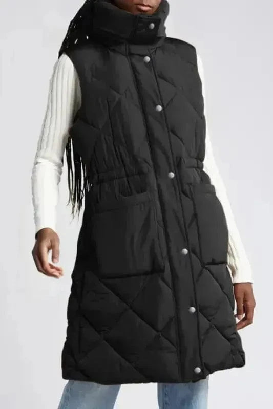 Puffer Vests Black / S / 100%Polyester Longline Quilted Puffer Vest - Stand Collar