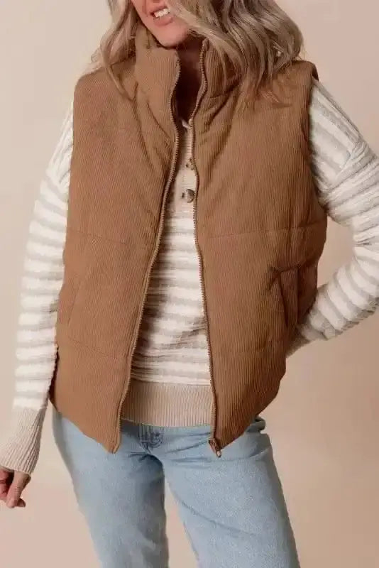 Coffee corduroy stand neck puffer vest front view — Fashionfitz UK