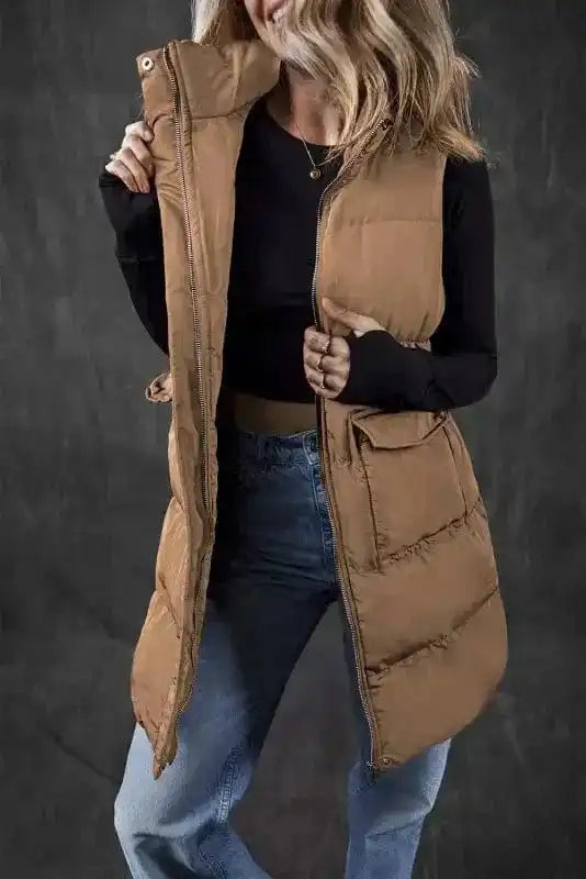 Puffer Vests Coffee / S / 100%Polyester Windproof Longline Puffer Vest - Coffee