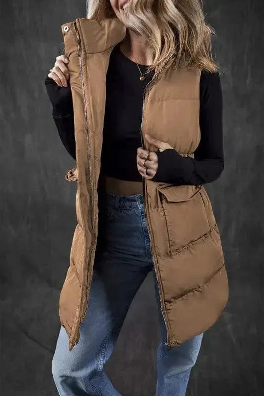 Puffer Vests Coffee / S / 100%Polyester Windproof Longline Puffer Vest - Coffee