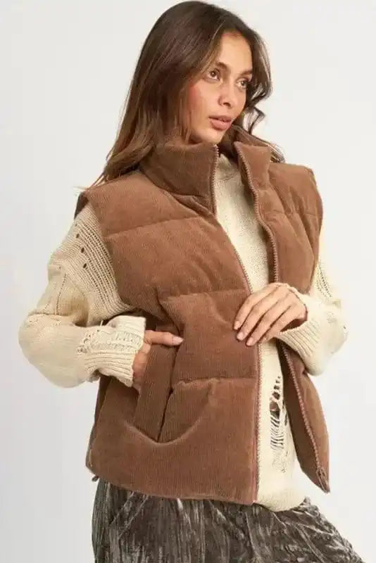 Puffer Vests Corduroy Stand Neck Puffer Vest