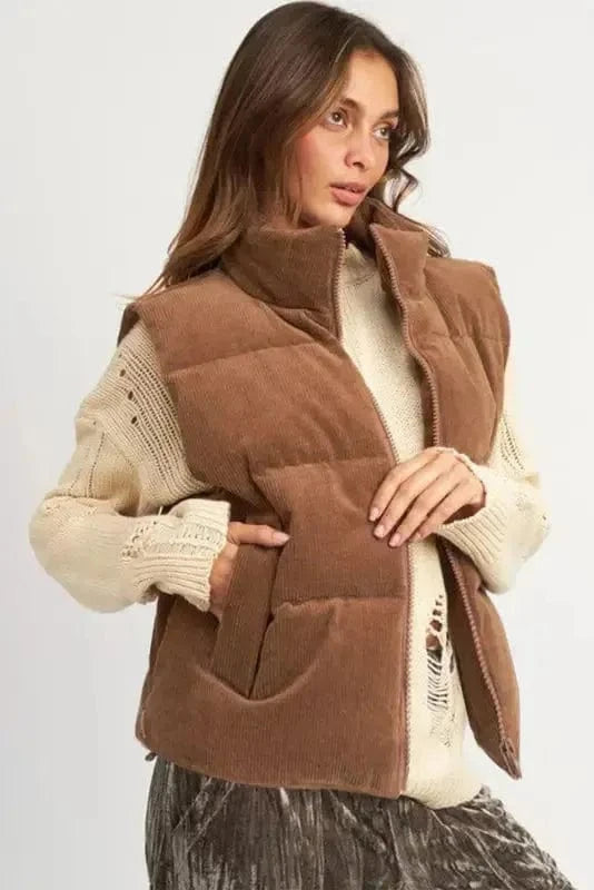 Puffer Vests Corduroy Stand Neck Puffer Vest