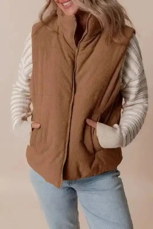 Puffer Vests Corduroy Stand Neck Puffer Vest