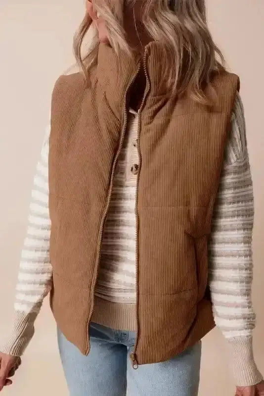 Puffer Vests Corduroy Stand Neck Puffer Vest