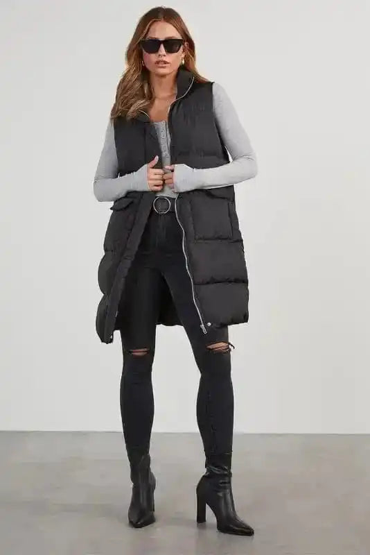 Puffer Vests Windproof Longline Puffer Vest - Black