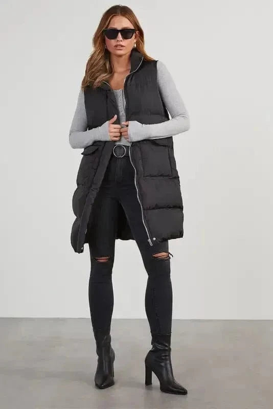Puffer Vests Windproof Longline Puffer Vest - Black