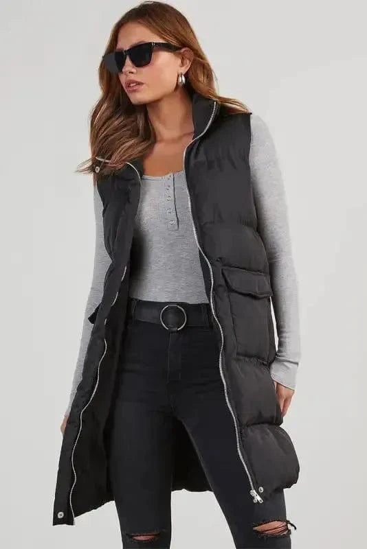 Puffer Vests Windproof Longline Puffer Vest - Black