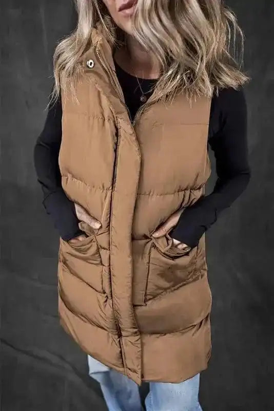 Puffer Vests Windproof Longline Puffer Vest - Coffee