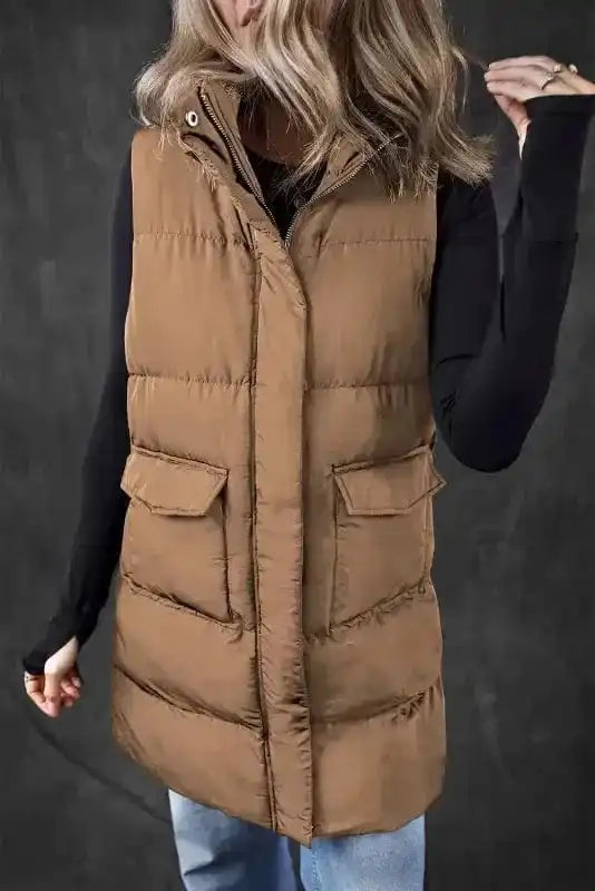 Puffer Vests Windproof Longline Puffer Vest - Coffee