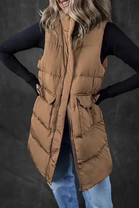 Puffer Vests Windproof Longline Puffer Vest - Coffee