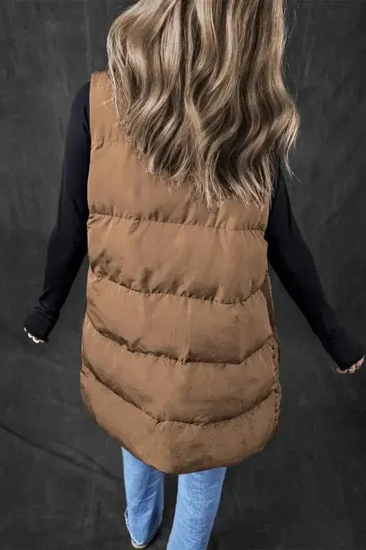 Puffer Vests Windproof Longline Puffer Vest - Coffee