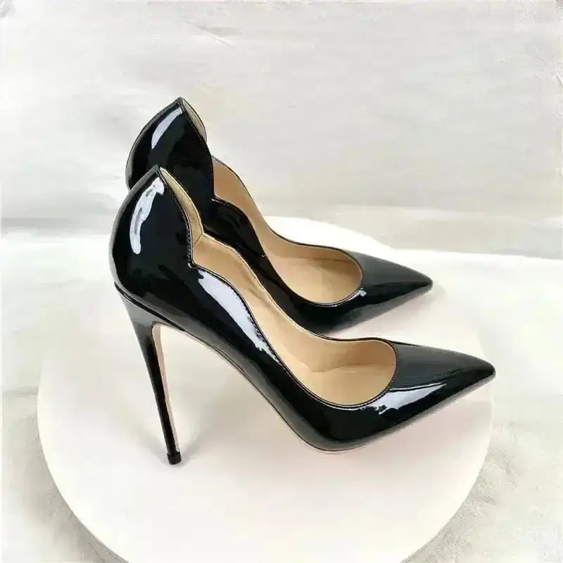 FashionFitz Black Lacquer Leather High Heels with stiletto heel and sculpted sides, ideal for upscale events and stylish outfits.