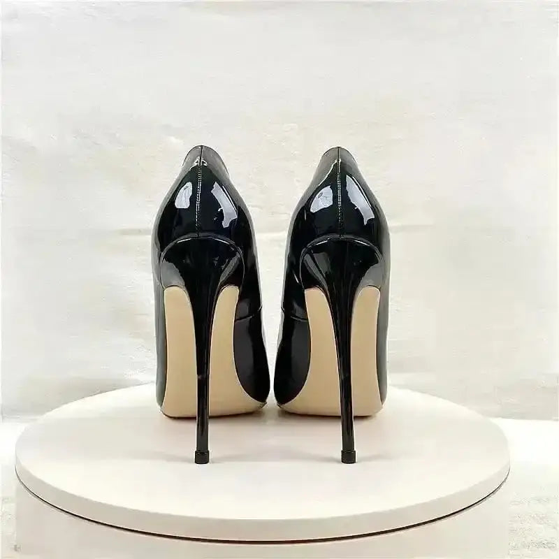 Rear view of FashionFitz Black Lacquer Leather High Heels with slim stiletto heel and glossy PU leather for a refined look.