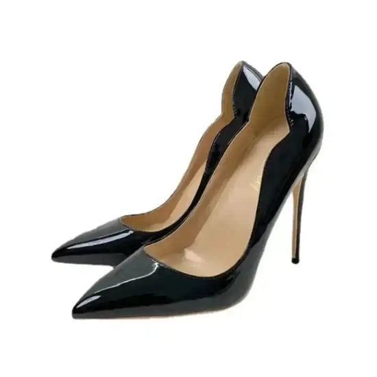 Side angle of Black Lacquer Leather Stiletto Shoes by FashionFitz, highlighting the sleek design and high-gloss finish for women.