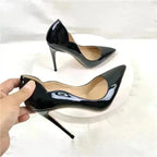 Elegant Black Lacquer Leather Stiletto Pumps by FashionFitz featuring high-shine PU leather and sleek silhouette for women’s fashion.