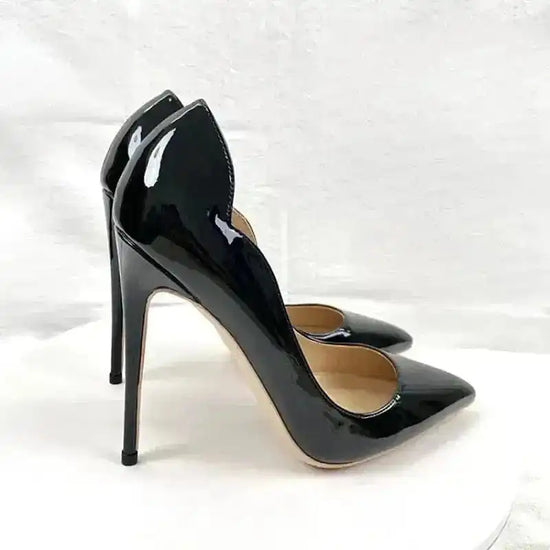 Black Lacquer Leather High Heels Stiletto from FashionFitz with pointed toe and glossy finish, perfect for formal and evening wear.