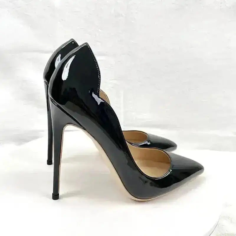 Black Lacquer Leather High Heels Stiletto from FashionFitz with pointed toe and glossy finish, perfect for formal and evening wear.