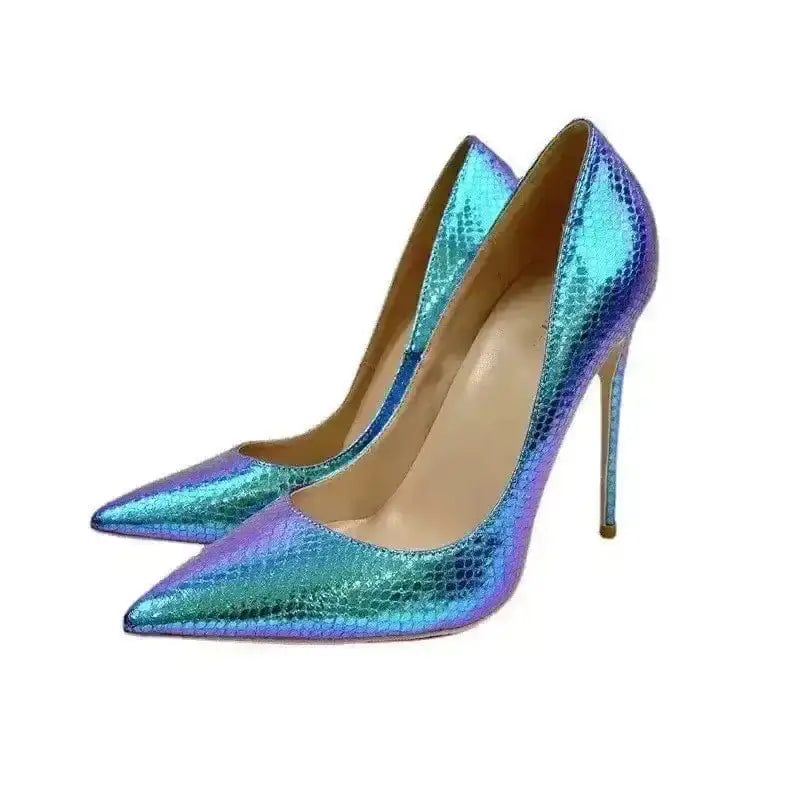 Chameleon Heels - Versatile Pumps Stiletto in shimmering teal and purple snake-textured PU leather with pointed toe. Elegant and eye-catching design.