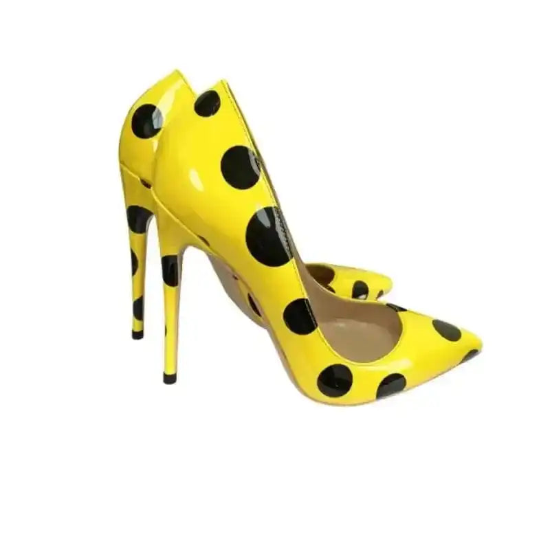 Side angle of Polka Dot Yellow Stiletto High Heels Shoes featuring sleek stiletto heels and vibrant polka dot pattern. FashionFitz pumps for chic wear.