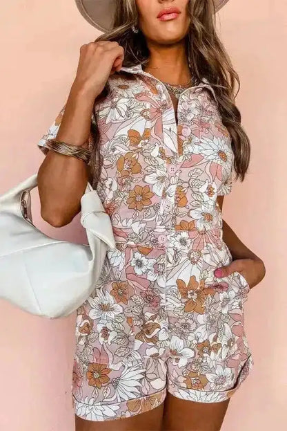 Rompers Pink / S / 100%Polyester Floral Finesse Collared Romper