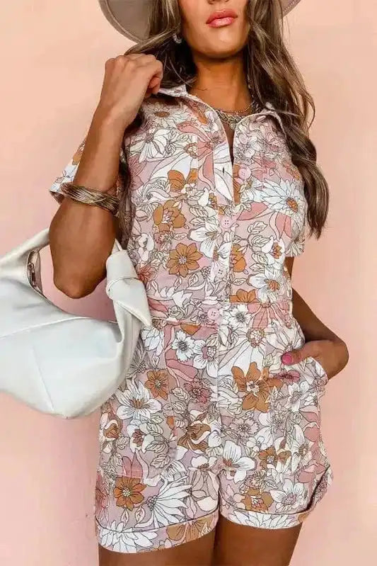 Rompers Pink / S / 100%Polyester Floral Finesse Collared Romper