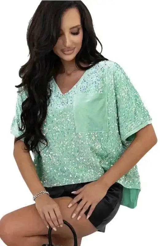 Sequin Blouses Moonlight Jade Sequin Velvet Blouse