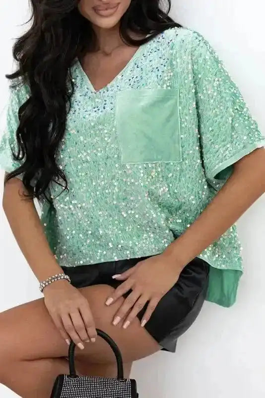 Sequin Blouses Moonlight Jade Sequin Velvet Blouse