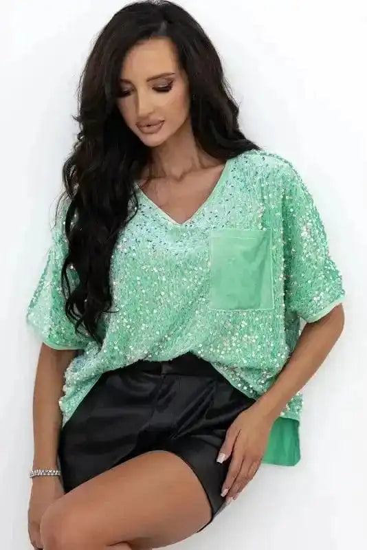 Sequin Blouses Moonlight Jade Sequin Velvet Blouse