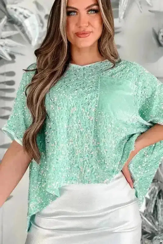 Close-up of Jade Green Sequin Velvet Batwing Blouse showing moonlight jade sequin shimmer and velvet base texture — Fashionfitz