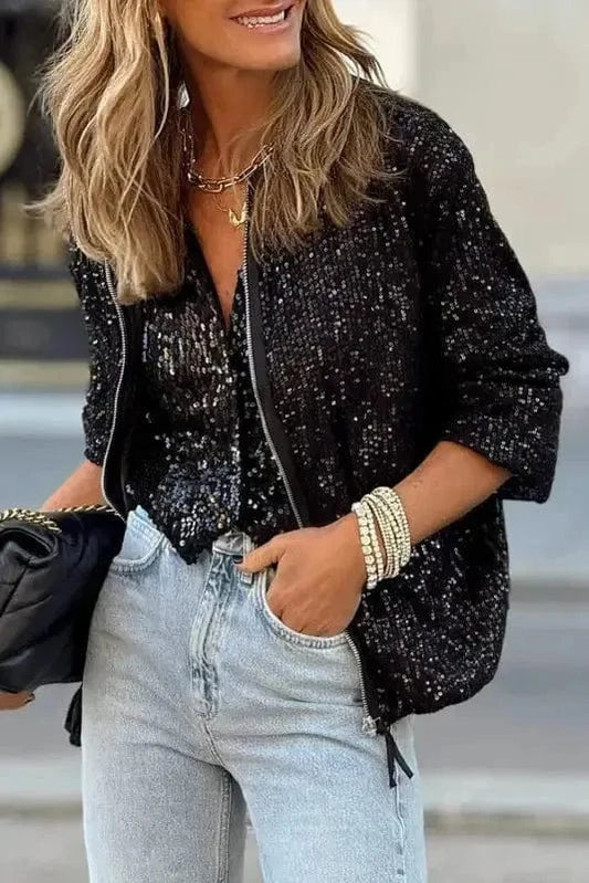 Sequin Jackets Black / S / 95%Polyester+5%Elastane Sequin Swirl Zip-Up Jacket