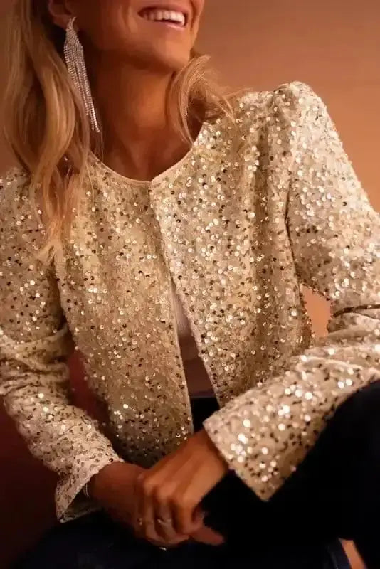 Golden beige sequin splendor cropped blazer jacket front view — Fashionfitz UK
