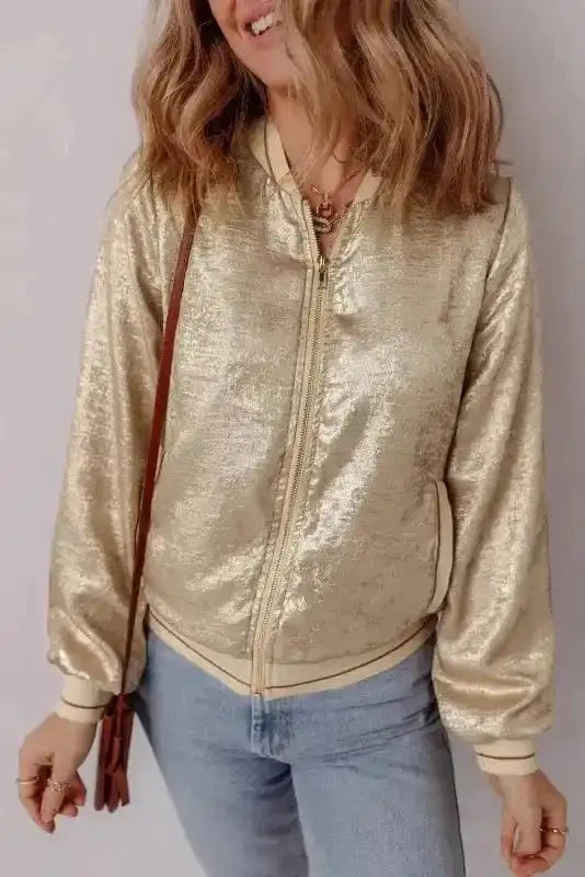 Sequin Jackets Metallic Zip-up Varsity Jacket