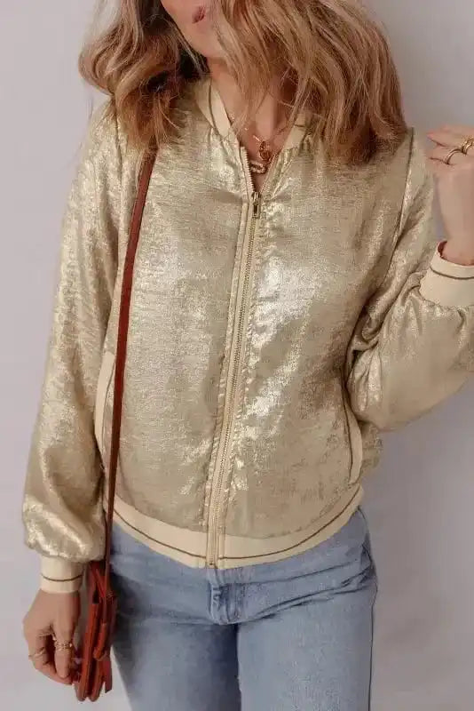 Sequin Jackets Metallic Zip-up Varsity Jacket