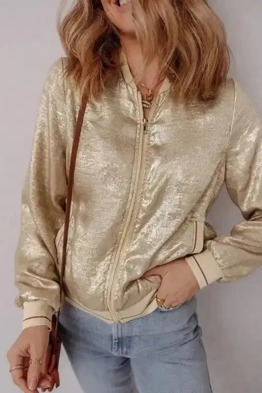 Sequin Jackets Metallic Zip-up Varsity Jacket