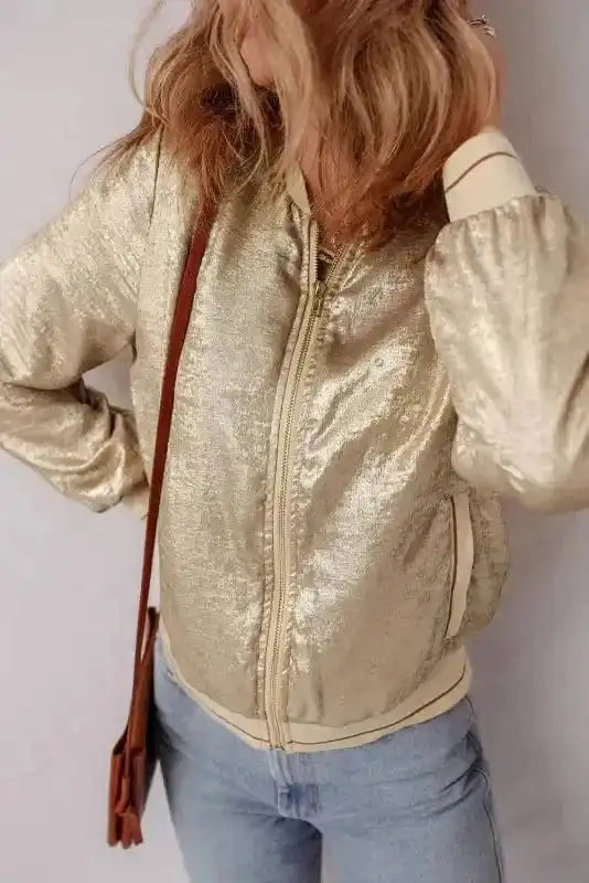 Sequin Jackets Metallic Zip-up Varsity Jacket