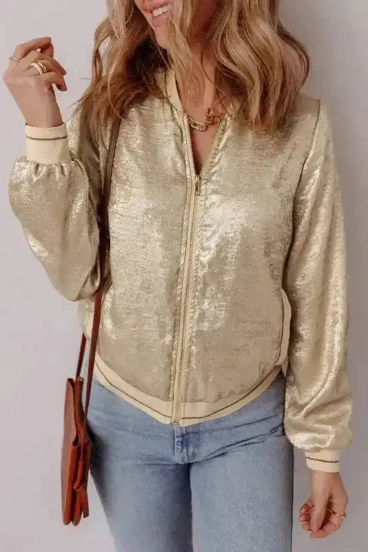 Sequin Jackets Metallic Zip-up Varsity Jacket
