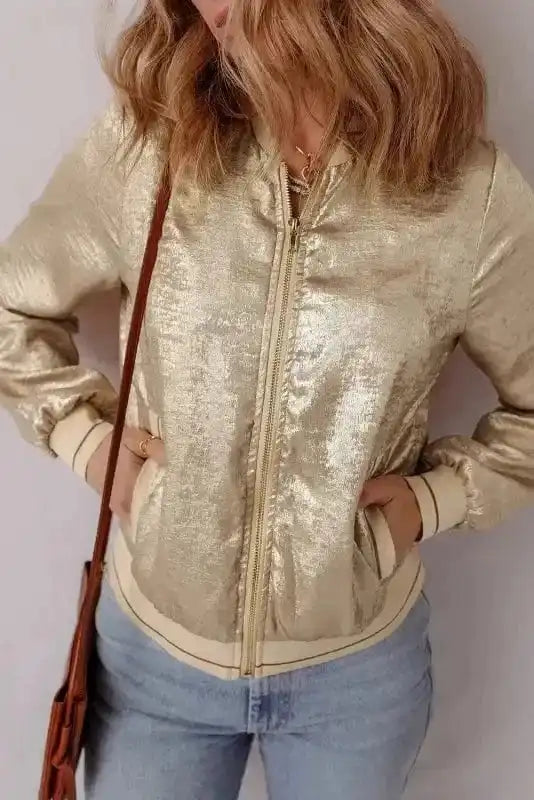 Sequin Jackets Metallic Zip-up Varsity Jacket