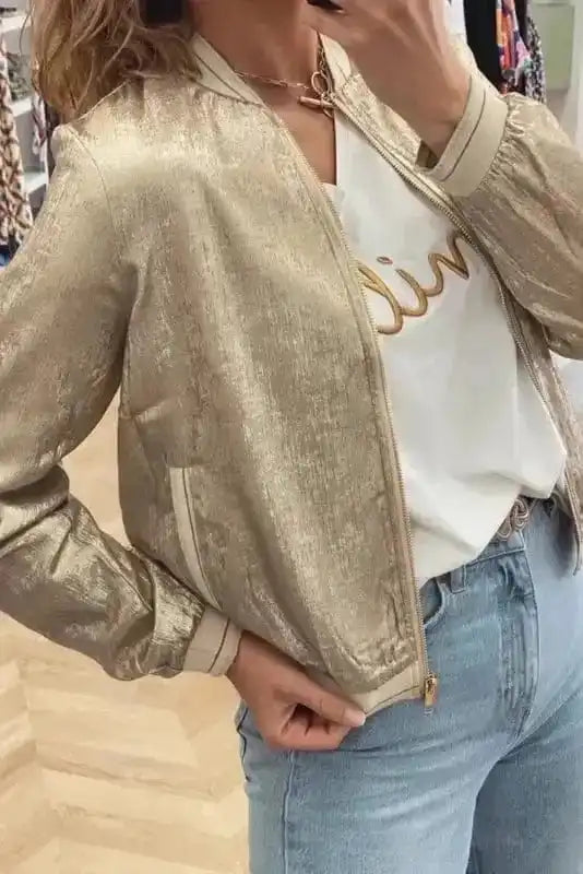 Sequin Jackets Metallic Zip-up Varsity Jacket