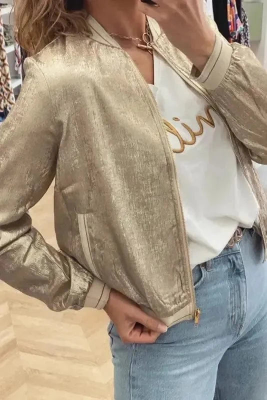 Sequin Jackets Metallic Zip-up Varsity Jacket