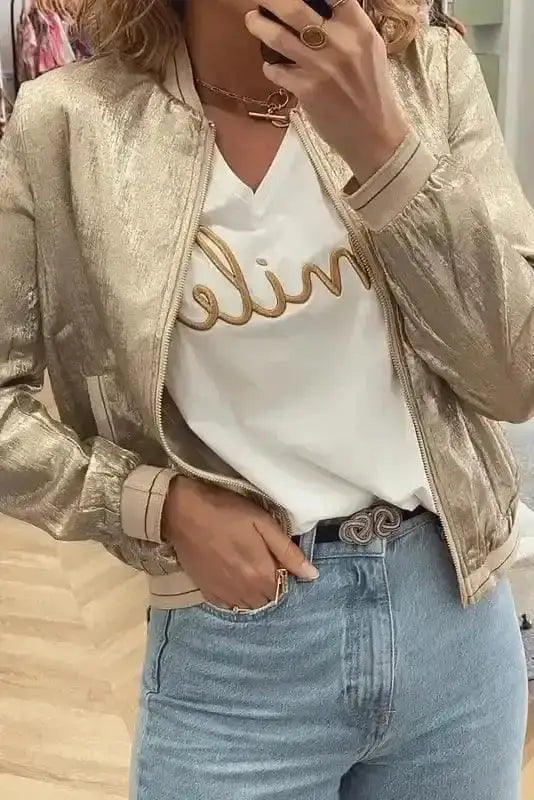 Pale khaki metallic zip-up varsity jacket front view — Fashionfitz UK