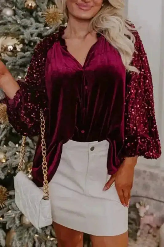 Sequined Tops Red Dahlia / S / 95%Polyester+5%Elastane Red Dahlia Sequin Sleeve Velvet Top