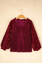 Sequined Tops Red Dahlia Sequin Sleeve Velvet Top