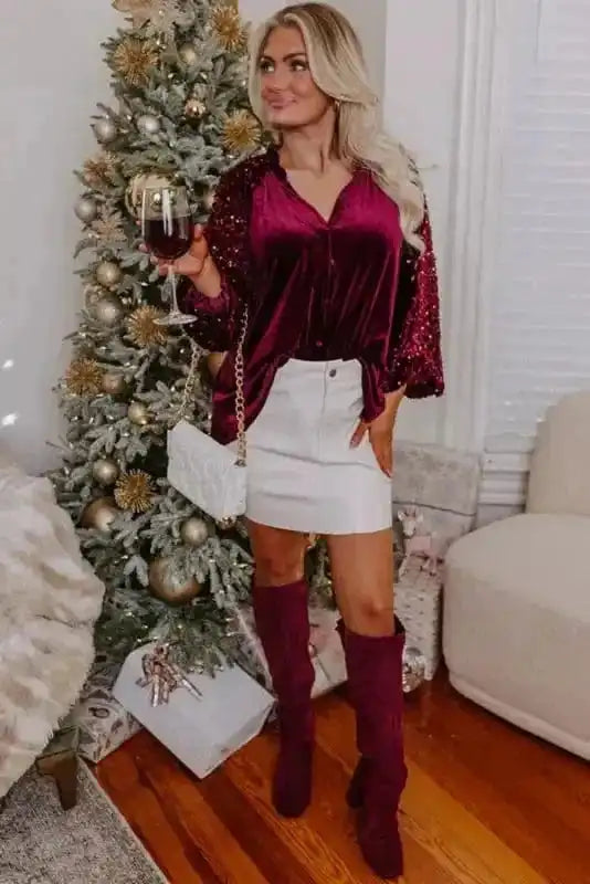 Sequined Tops Red Dahlia Sequin Sleeve Velvet Top