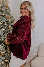 Sequined Tops Red Dahlia Sequin Sleeve Velvet Top