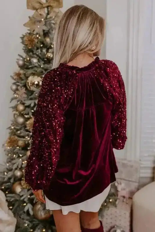 Sequined Tops Red Dahlia Sequin Sleeve Velvet Top