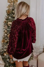 Sequined Tops Red Dahlia Sequin Sleeve Velvet Top