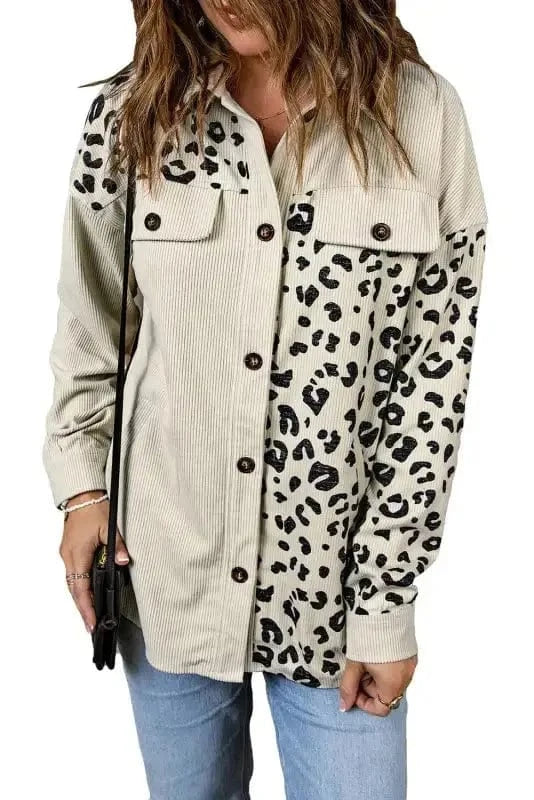Shackets Apricot Leopard Print Detail Pocketed Corduroy Jacket