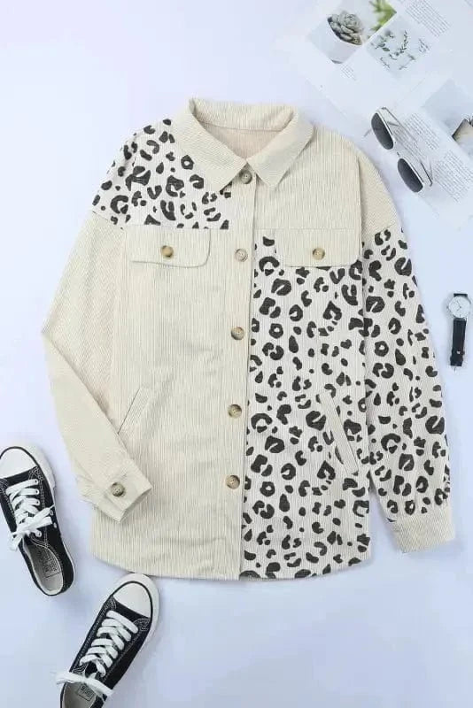 Shackets Apricot Leopard Print Detail Pocketed Corduroy Jacket